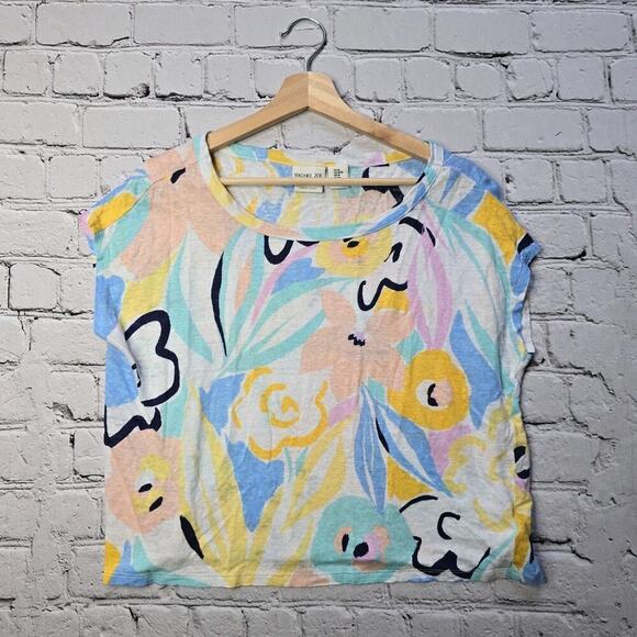 Rachel Zoe 100% Linen Abstract Floral Multicolor Short Sleeve Boxy Tshirt Sz Med - Picture 1 of 9